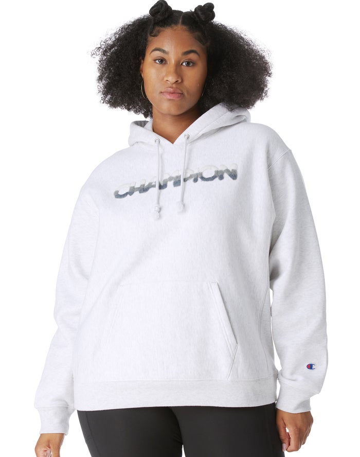 Champion Plus Reverse Weave Ombre Chenille Applique Grey Hoodie Womens - South Africa NIYLTQ941